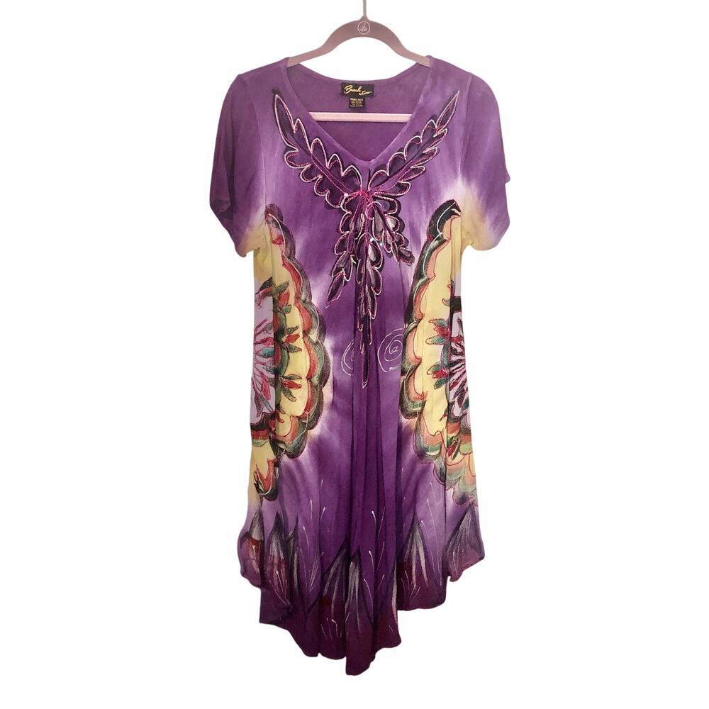 Embroidered Beach Dress One Size Purple Tie Dye Yellow Resort Cruise Boho Rayon